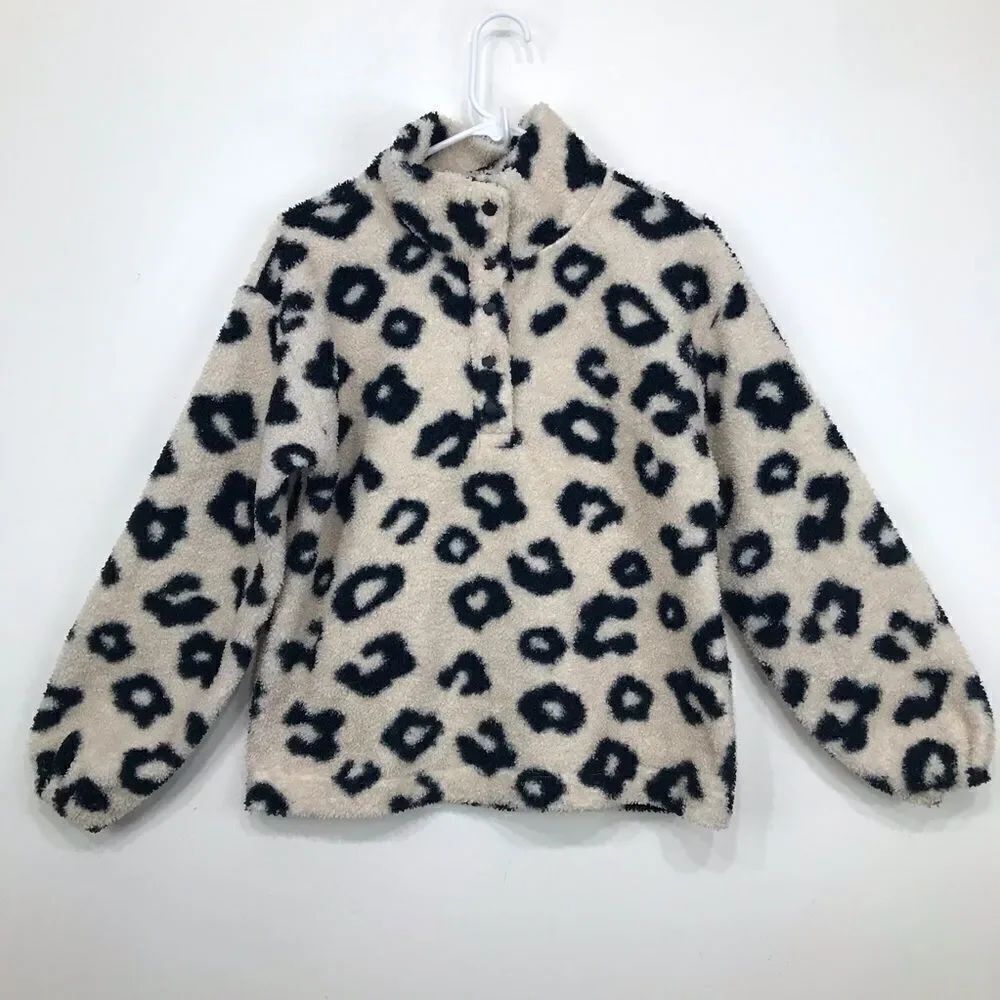 LOFT Cream Black Cheetah Print Quarter Snap Cozy Fleece Pullover